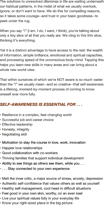 The solutions to unresolved dilemmas in life are waiting underneath our habitual patterns, in the midst of what we usually overlook, ignore, or don’t want to have. We do this for compelling reasons, so it takes some courage--and trust in your basic goodness--to peek under the rug.

When you say “I” (I am, I do, I want, I think), you’re talking about only a tiny slice of all that you really are. We cling to this thin slice, thinking it’s everything.

Yet it is a distinct advantage to have access to the rest: the wealth of information, simple brilliance, emotional and spiritual capacities, and processing speed of the unconscious body-mind. Tapping this helps you learn new skills in many areas and can bring about a whole new world-view. 

That within ourselves of which we’re NOT aware is so much vaster than the “I” we usually mean--and so creative--that self-awareness is a lifelong, moment-by-moment process of coming to know oneself ever more fully. 

SELF-AWARENESS IS ESSENTIAL FOR . . .

 Resilience in a complex, fast-changing world
 Successful job and career choice
 Effective leadership
 Honesty, integrity
 Negotiating skill
 Motivation to stay the course in love, work, innovation
 Happier love relationships
 Good collaboration with co-workers
 Thriving families that support individual development
 Ability to see things as others see them, while you . . .
 . . . Stay connected to your own experience

 Melt the inner critic, a major source of stress, anxiety, depression
 Authentic self-confidence that values others as well as yourself
 Healthy self-management, cool head in difficult situations
 Feel good in your own skin, worthy, on an even keel
 Live your spiritual values fully in your everyday life
 Know your right-sized place in the big picture

